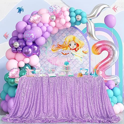 QueenDream Lilac Sequin Tablecloth 60"x102" Mermaid Tablecloth Lavender Glitter Tablecloth for Wedding Birthday Baby Shower Mermaid Decorations