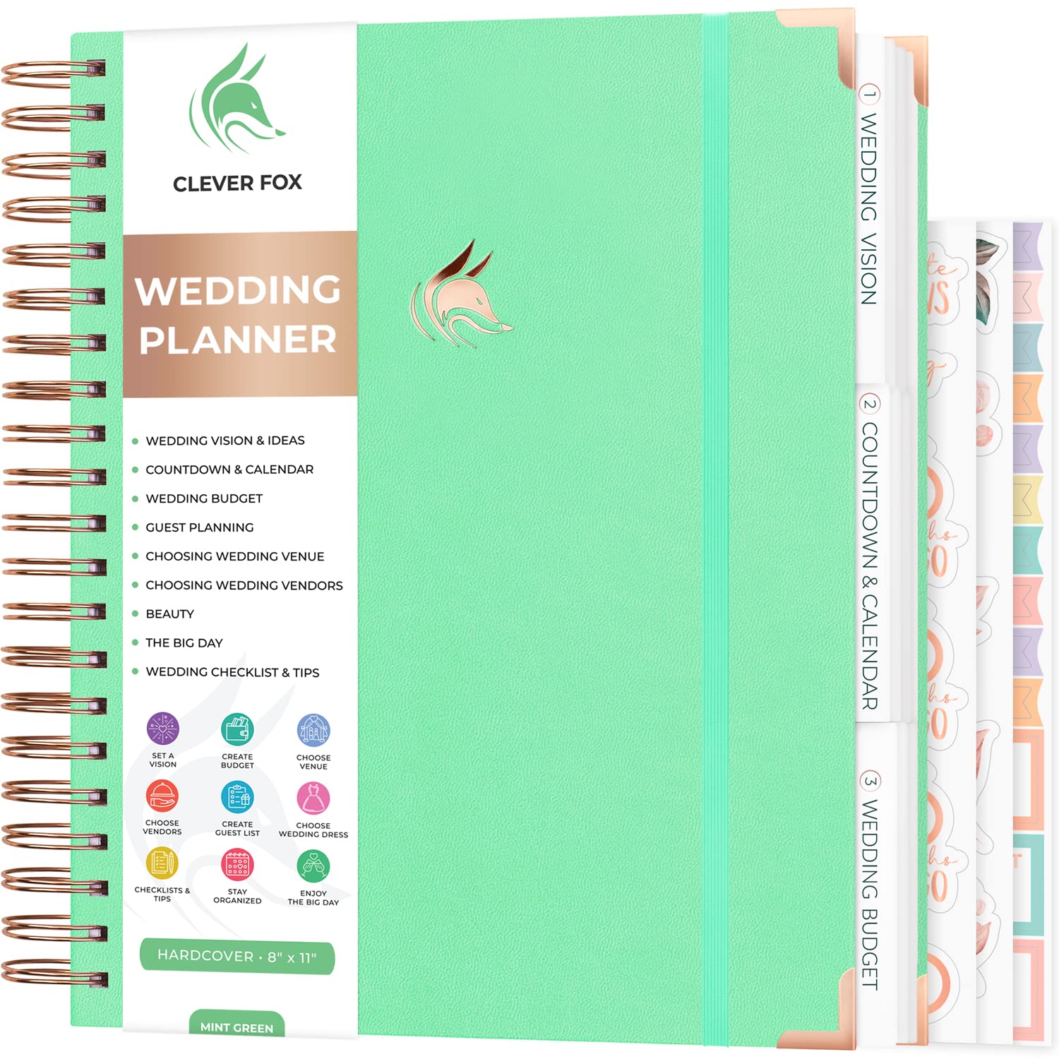 Clever Fox Wedding Planner – Notebook Organizer for Bride – Wedding Planning Binder Book with Pockets – Engagements Gift, 25.5x28cm (Mint Green)