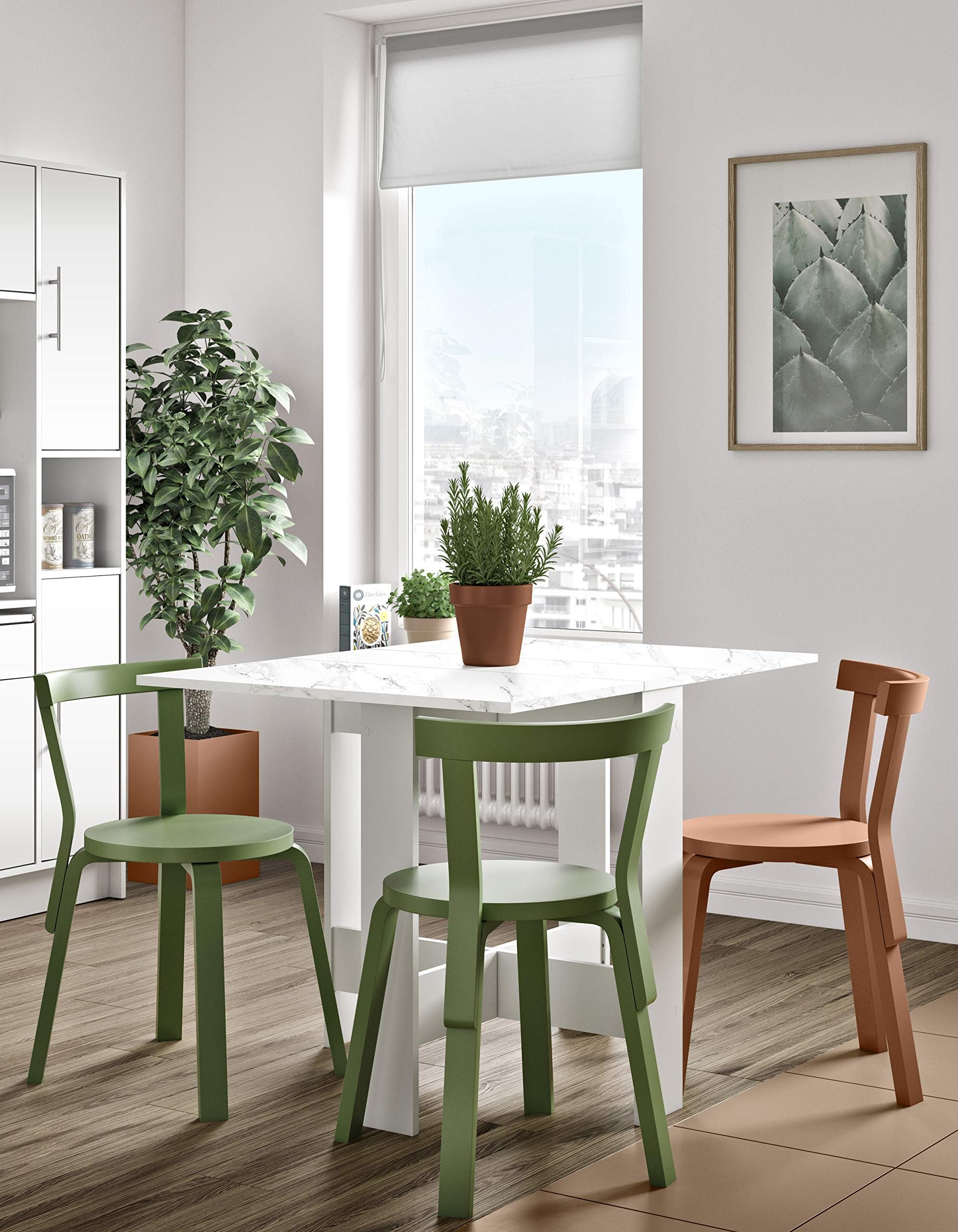 Symbiosis Folding Dining Table, White and White Marble Look, 103/67/28x76x73,4 cm (LxPxA)