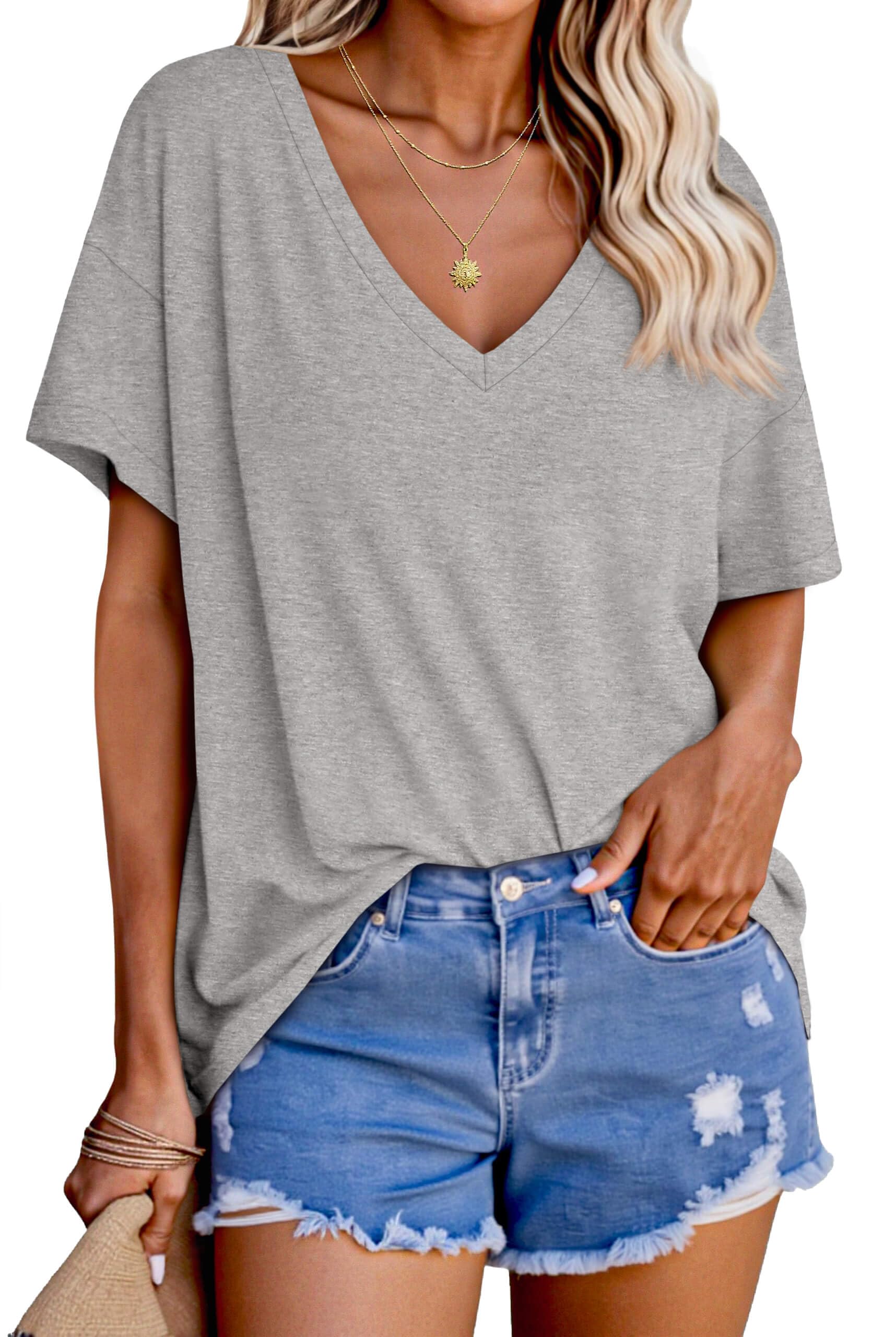 Photo 1 of *** UNKNOWN SIZE** Tankaneo Womens Oversized Tshirts V Neck Short Sleeve Tops Summer Casual Loose Fit Tunic Tee Shirts Grey