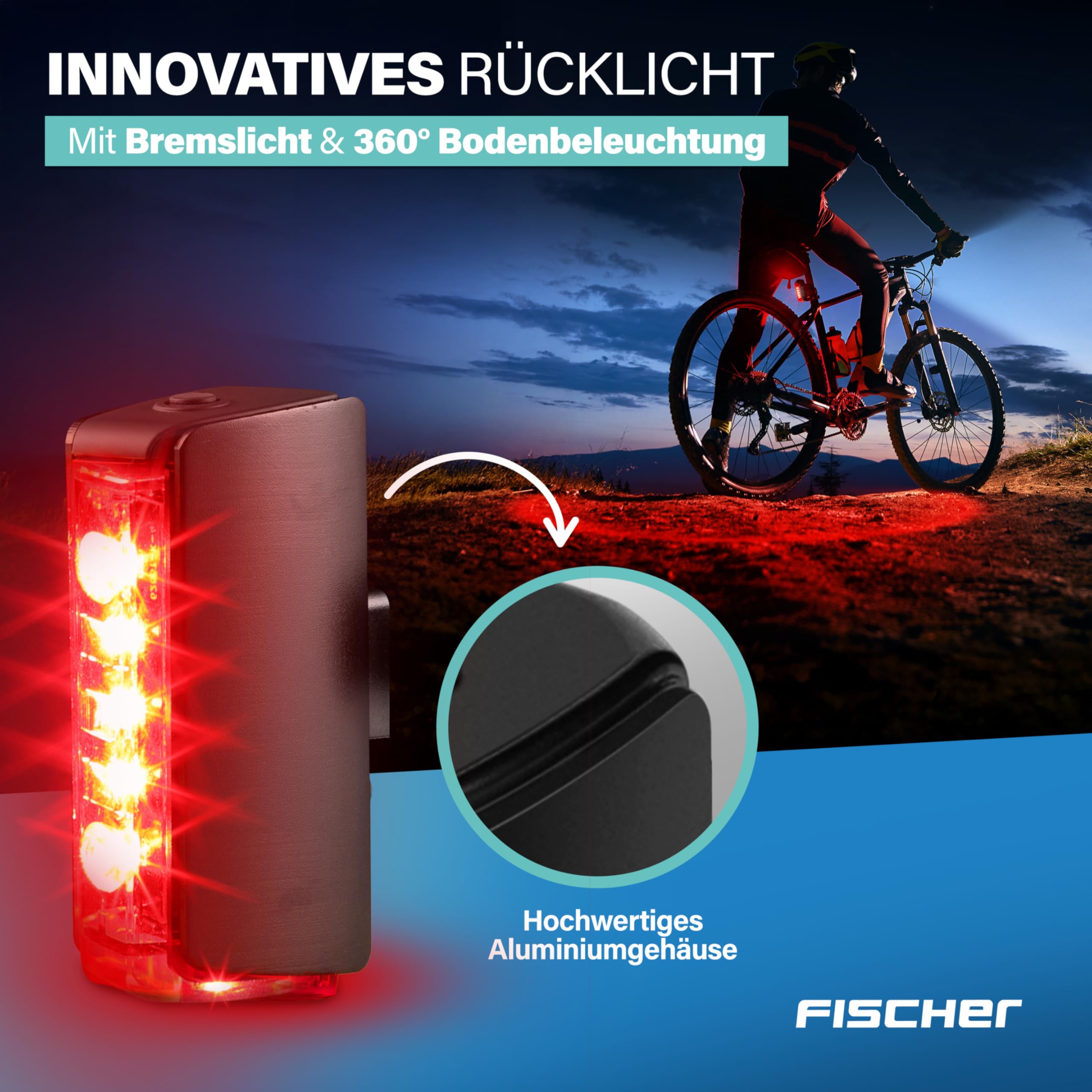 FISCHER Fahrrad LED-Akku Beleuchtungs-Set Twin Stop 100 +80 Lux Fernlicht, mit Sensormodus, Lange Leuchtdauer, stabiles Aluminium-Gehäuse, schwarz, 1 Stück 4
