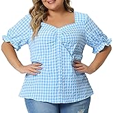 Agnes Orinda Women's Plus Size Gingham Tops 1950s Sweetheart Neck Flounce Sleeve Summer Blouse Top