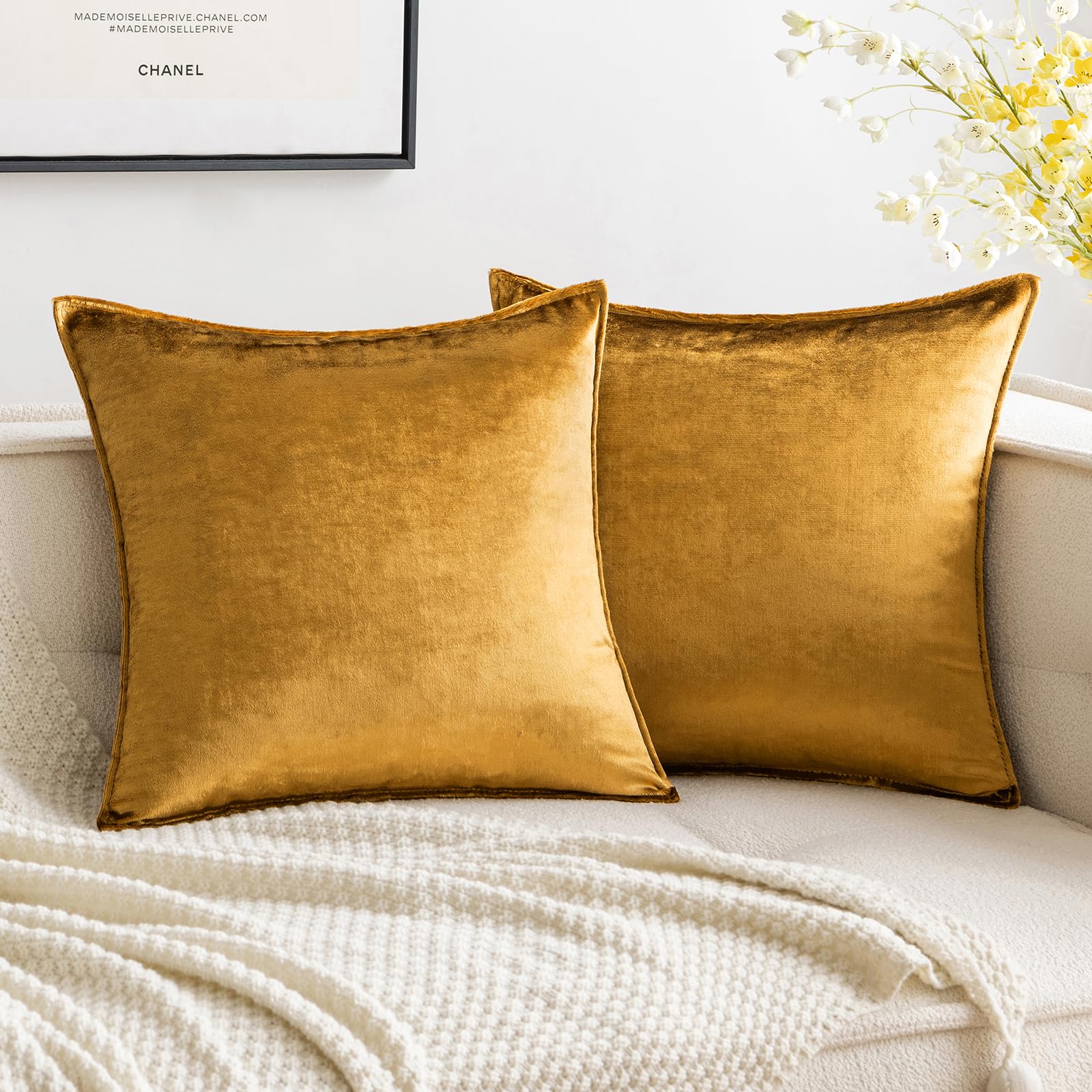 MIULEE Velvet Cushion Covers 45cm x 45cm Champagne Gold Decorative Square Throw Pillow Covers Flanges Pillowcases Soft for Livingroom Sofa Bedroom with Invisible Zipper 18 x 18 Inch Pack of 2 — image 1