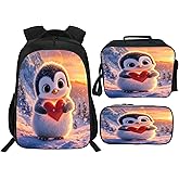 Neximag Cute Penguin Backpack 3 PCS Set for Girls Boys Kids, Penguin School Bag with Lunch Box Pencil Case, Lightweight Bookbag for Elementary Middle School