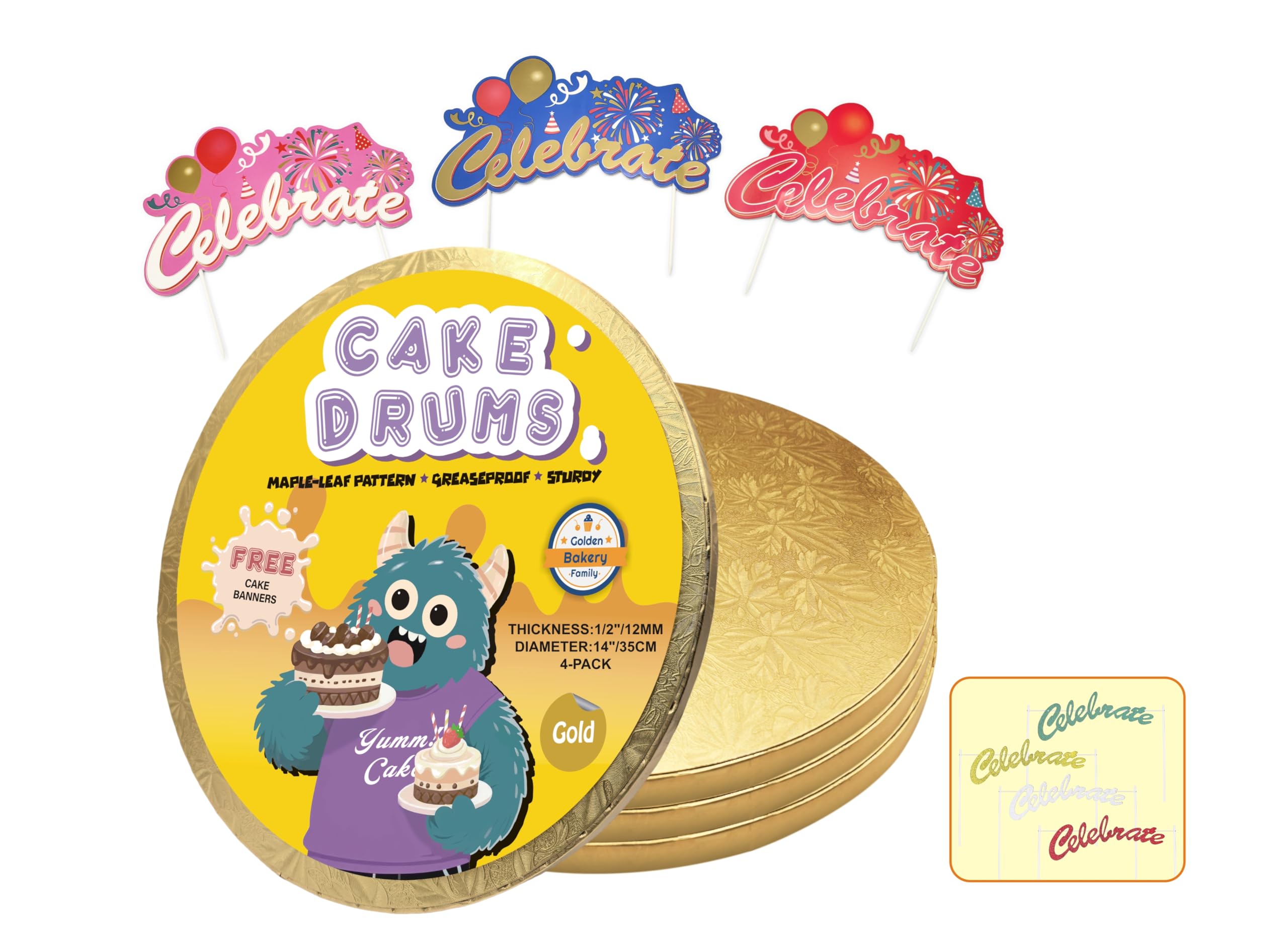 Photo 1 of 14 Inch Cake Drums,Gold Cake Boards 14 Inch Round(4-Pack),1/2 Inch Thick Cake Boards with Banner Cake Topper,Sturdy,Greaseproof for Birthday Wedding Multi-Tiered Cake by GoldenBakeryFamily
