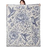 vnlvnl Vintage Floral Blanket Lightweight Flannel Blankets Gifts for Adults Elegant Blue and White with Hummingbird and Butterfly Printed Throw for Couch Chair Office Bedroom Decor, 60x50inch