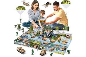 JASSKKBO 68-in-1 Army Men Toys for Boy 4-7 6-8 8-12, Includes Army Base/Army Men Action Figures/Truck/Tank/Helicopter/Kayak Boat/Parachutes/Military Base Mat, Army Toys for Boys Birthday Gift Party Favors