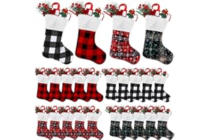 Huwena 48 Pcs Christmas Stockings 9 Inch Bulk Buffalo Plaid Stockings Christmas Small Christmas Stockings with Snowflake Printed Fireplace Hanging Stockings Rustic Holiday Socks Holiday Decorations
