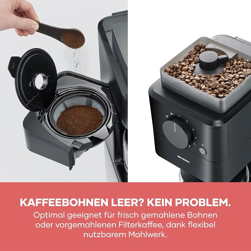 Filter-Kaffeemaschine mit Glaskanne, individueller Mahlgrad, 10 Tassen, 1,25L, Tropfstopp, inkl. Löffel, Permanentfilter, Reinigungsbürste, automatische Abschaltung, 1000W, schwarz, KA 9215