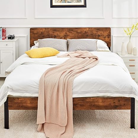 amazon com kealive full size bed frame with wood headboard rustic country style platform bed frame mattress foundation strong metal slats support no box spring needed easy assembly kitchen dining