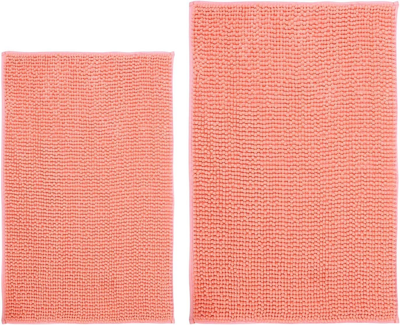 Hevice Microfiber Bathroom Rugs Mats Soft Shaggy Absorbent Chenille Bath Rug Mat for Bathroom, Bathtub Shower Floor, Machine Washable Coral Orange 31"x20" and 16"x24" Set of 2