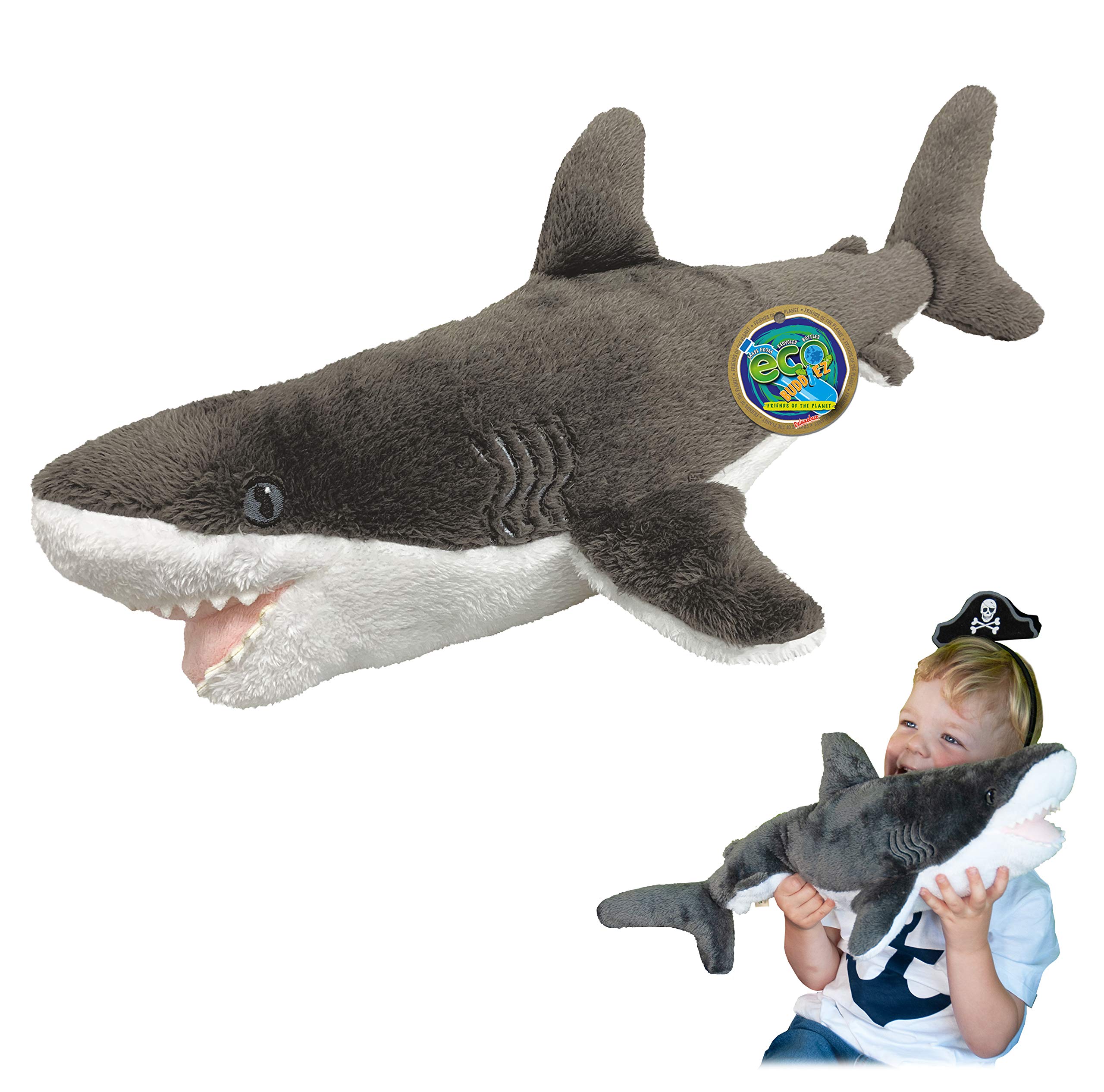 EcoBuddiez - Great White Shark from Deluxebase. Large 56cm Soft Plush Animals made from Recycled Plastic Bottles. Eco-Friendly Cuddly Gift for Kids and Cute Stuffed Animal Toy for Toddlers.