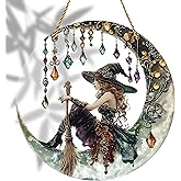 8x8 inch Charming Moonlight Witch Acrylic Stained Glass Window Hanging Sun Catcher Decor Stained Panel Hangings Wall Art Decor, for Friends and Family (Moonlight Witch)