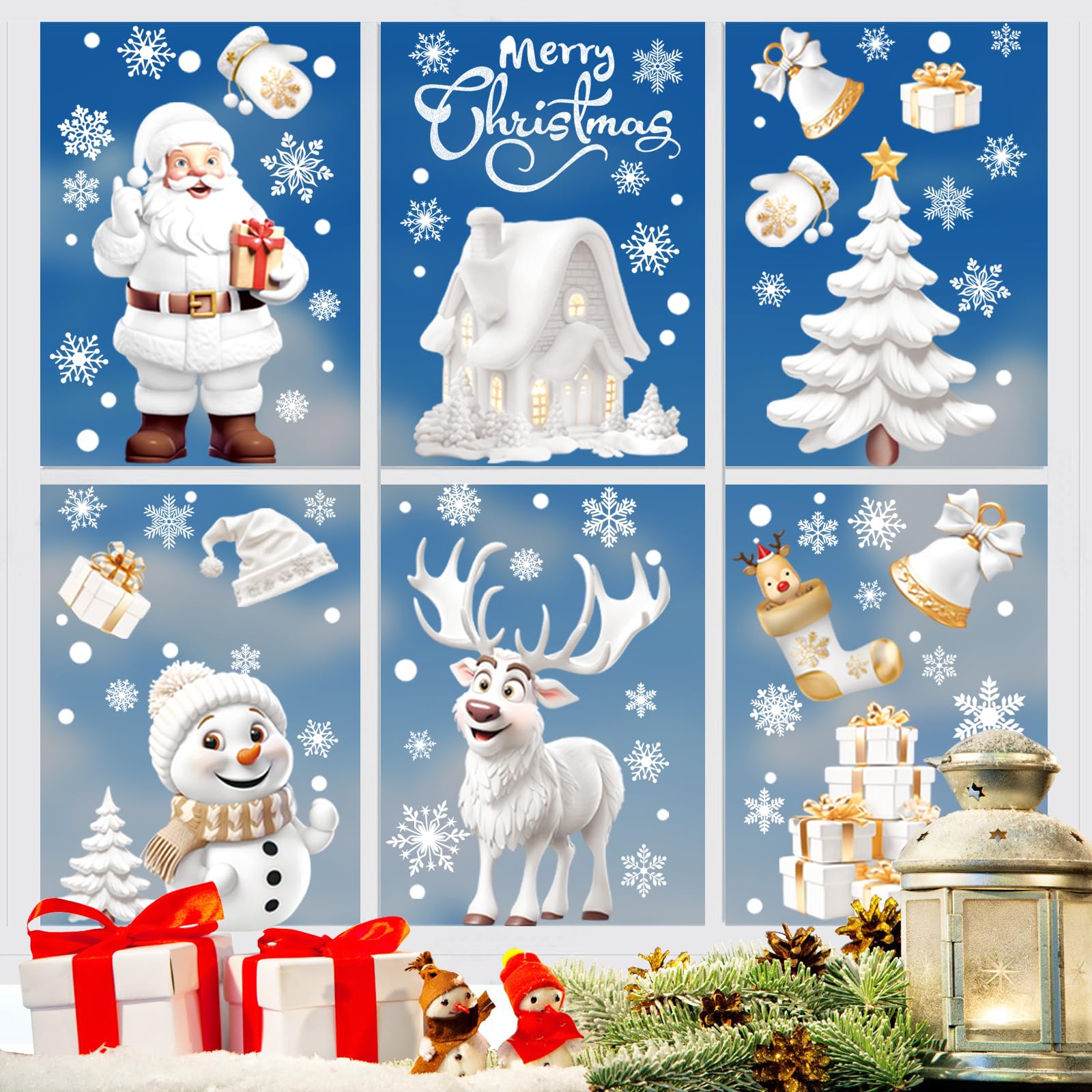 Christmas Window Stickers, BeiHeng 9 Sheets 190PCS Large Double Sides Christmas Window Clings White 3D Window Decals for Glass Windows Christmas Party Decorations