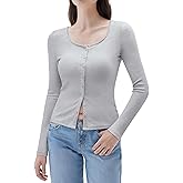 SUUKSESS Women Cotton Ribbed Long Sleeve Tops Button Down Crew Neck Lace Line Going Out Fitted Shirts