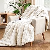 PTQ Waffle Heated Throw Blanket 62"x84" – Electric Blanket with 6 Heat Levels & 10 Timer Settings, Ultra-Soft Faux Fur & Sherpa, ETL Certified, Machine Washable, Ideal Gift for Women (Ivory/Cream)