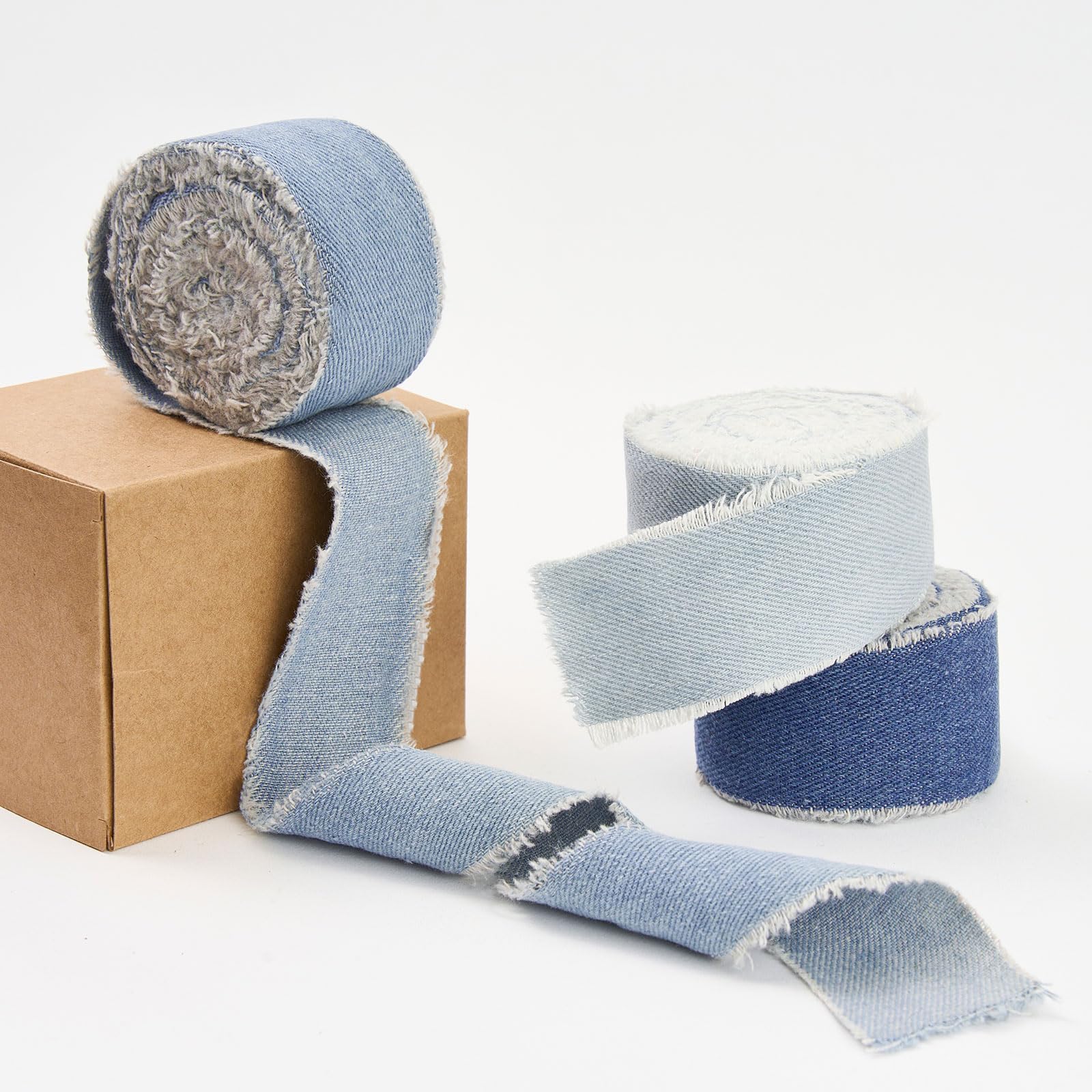 Pretty Jolly Blue Denim Ribbon for Gift Wrapping Handmade Rustic Frayed Cotton Fabric Ribbon for Flower Bouquet Total 15 Yards 1 1/2 Inch Ribbons for Crafts Hair Wedding Invitation Holiday Decor