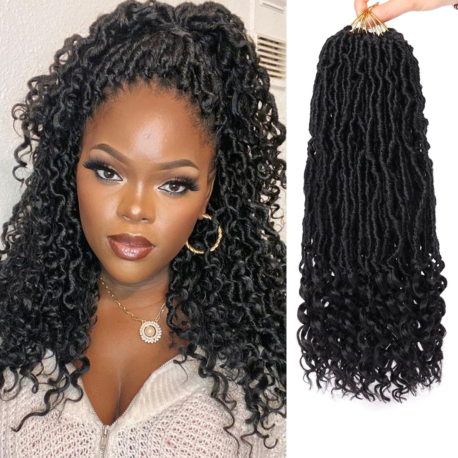 Samtress 14 Inch 7 packs Faux Locs Crochet Hair With Curly Ends Natural Wavy Nu Goddess Locs Synthetic Braiding Hair Extensions Natural Black (#1B) — image 1