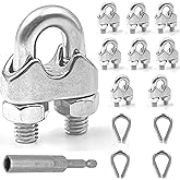 Lyrlidr 8 Pcs M10 Wire Rope Clamps Cable Clamps 4 Pcs 3/8" Wire Rope Thimble U Bolt Saddle Fastener 304 Stainless Steel Cable Clamps (M10, 8)