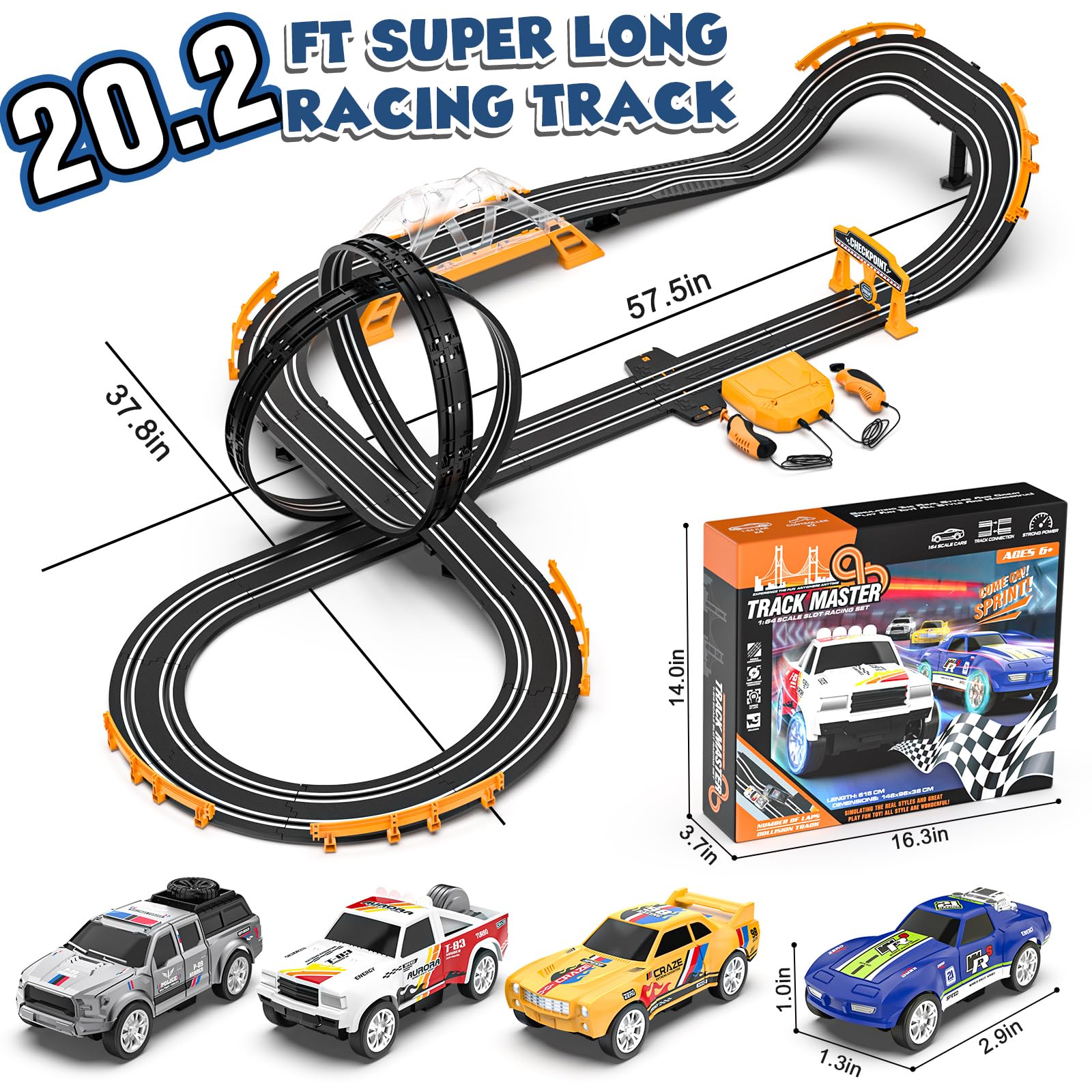 Slot Car Race Track Sets with 4 Slot Cars, Electric Race Car Track Include Slope Circular Overpass Track, Dual Racing Game Featuring Flash Bridge and Pendulum, Gifts Toys for Boys Kids Age 6 7 8-12