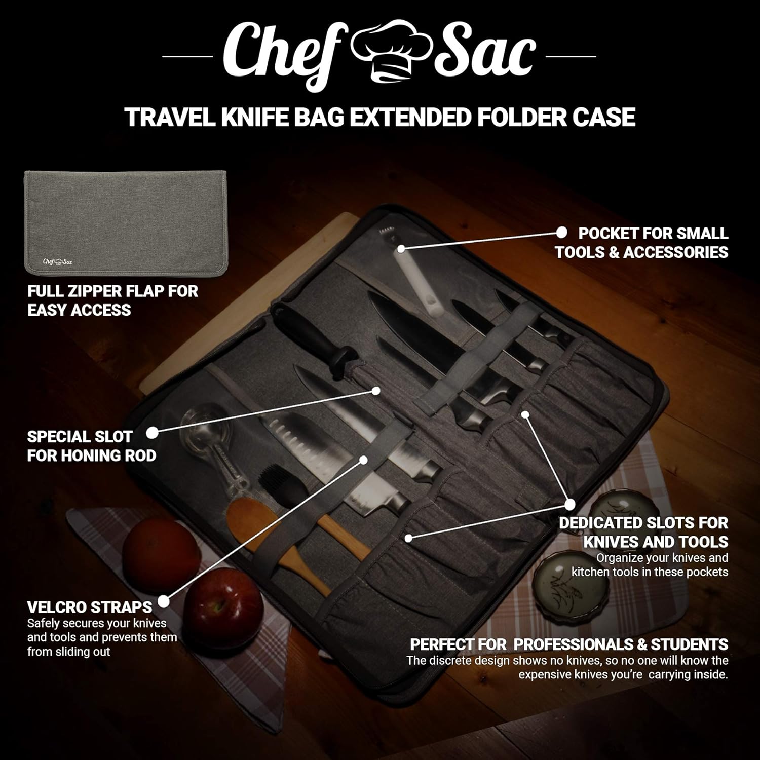 Chef Knife Bag Travel Folder Extended Knife Case | 8 Pockets for Knives, Kitchen Tools & Camp Accessories | Special Slot for Honing Rod | Durable Knife Holder for Chefs & Culinary Students (Grey): Kitchen & Dining