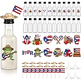 Gandeer 24 Sets Mini Puerto Rico Coquito Swing Top Bottle Plastic Wine Bottles with Airtight Cap Puerto Rico Stickers Mini Hats and Flags Convenient Funnels for Homemade Brewing Beverages Liqueur