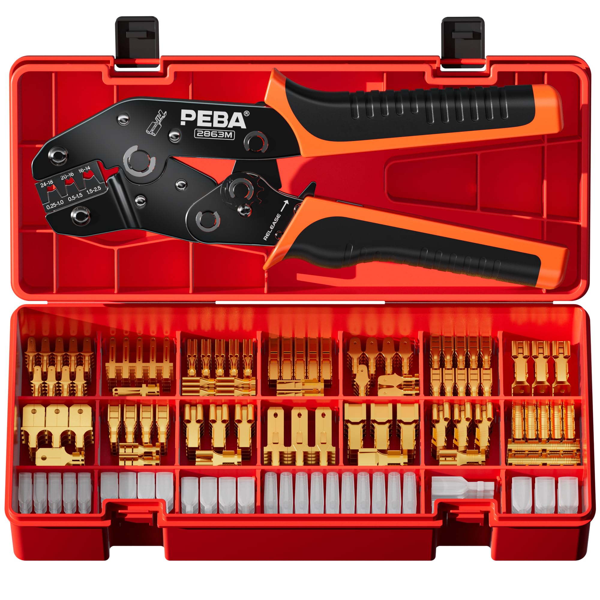 PEBA Spade Connectors Crimping Tool Kit, Crimper 0.25-2.5mm²(AWG 24-14) for Non-Insulated Open Barrel Terminals, 14 Sizes Spade/Bullet Wire Terminal, Wire Splices Brass Spade Connectors Terminals