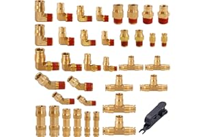 Ailbiuko 37Pcs Brass DOT Air Brake Line Fittings Assortment Kit 1/4" 3/8" 1/2" Push to Connect Fittings Air System Repair Kit for Truck, Air Brake Union 45 Degree & 90 Degree Male Elbow