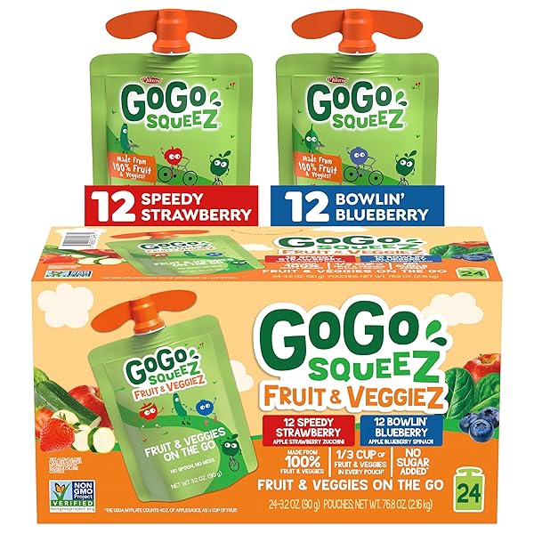 GOGO SQUEEZ NO SUGAR ADDED FRUIT & VEGGIEZ APPLESAUCE AND PUREE VARIETY PACK, SPEEDY STRAWBERRY AND BOWLIN’ BLUEBERRY, 3.2 OZ POUCHES (PACK OF 24), FRUIT SNACKS FOR KIDS, GLUTEN FREE, NUT FREE, RECLOSEABLE CAP, BPA FREE