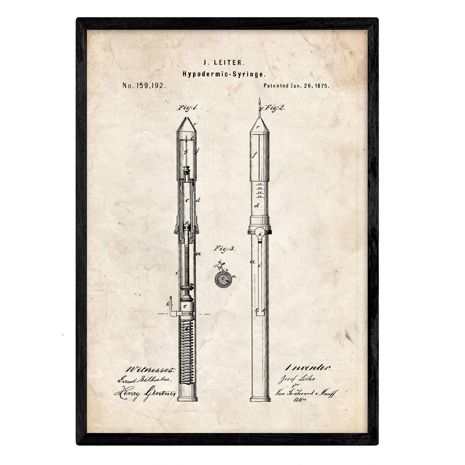 Nacnic Poster patent Syringe. Sheet with old design patent in A3 size and vintage background