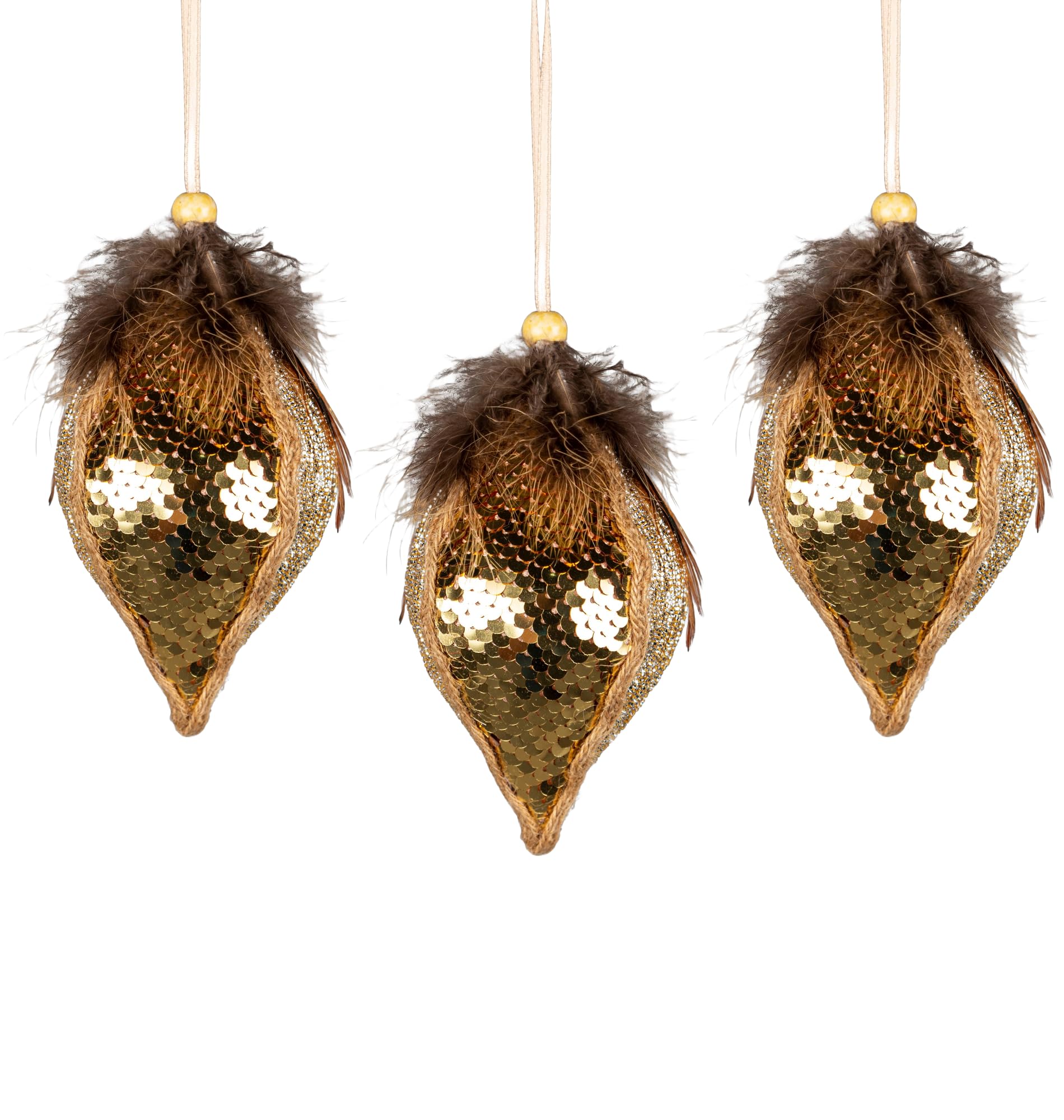 3Pcs Gold Sequin Teardrop Bauble 14cm - Christmas Tree Hanging Decorations Festive Decorative Ornaments Fairy Tale Themed Xmas Tree Pendant