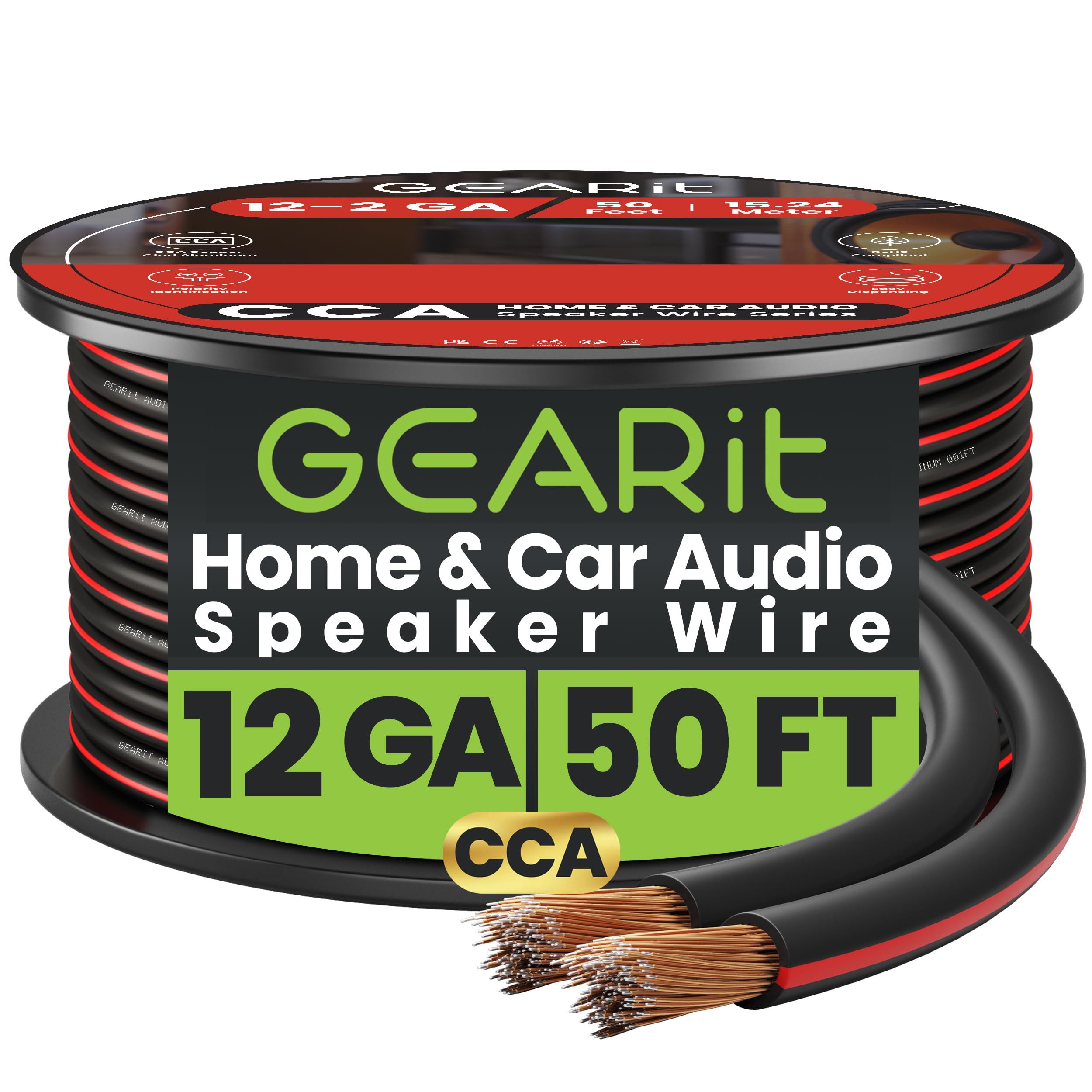 GEARit 12 Gauge Speaker Cable 50ft, Flexible 2x4mm² Speaker Wire with Polarity Markings, 2-Conductor 12AWG CCA Audio Cable for In-Wall Home Theater, Car Audio Stereo, HiFi Surround Sound (Black)