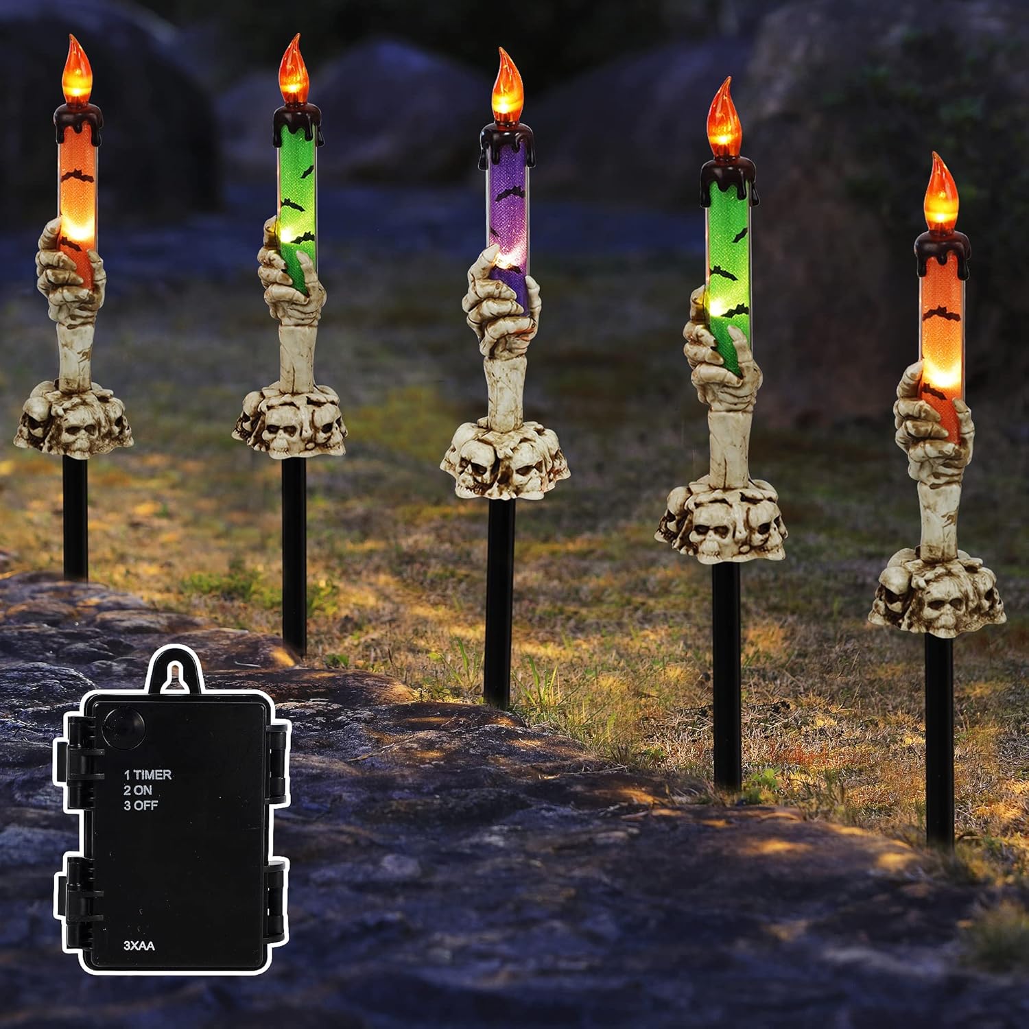 Decorative Garden Stakes - LJLNION Halloween Decorations, 5 Pack Halloween Garden Stake Lights, Tabletop Candle Light with Skeleton Ghost Hand, Waterproof & Battery Operated, Light Up Yard Stakes for Indoor/Outdoor Garden Decor