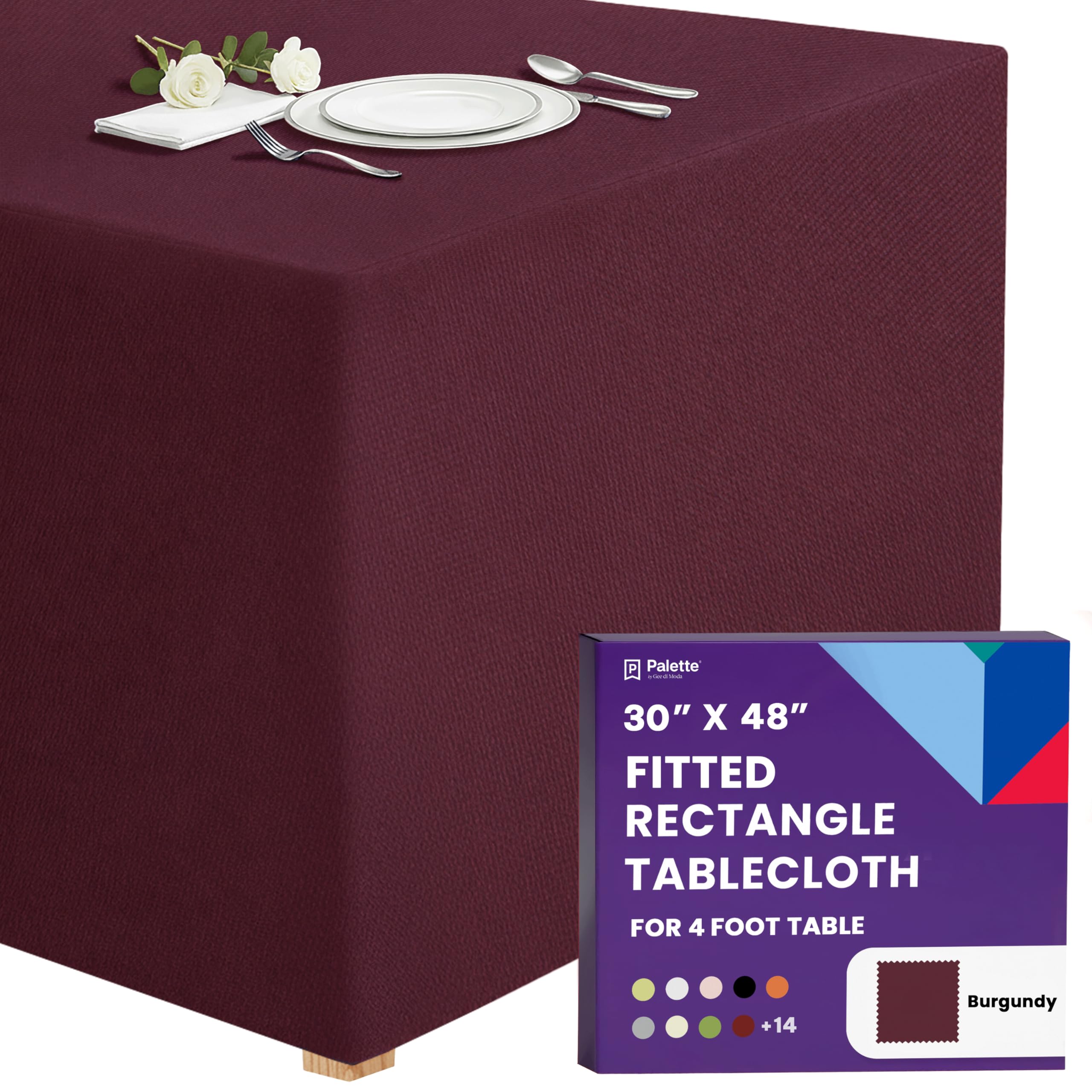 Gee Di Moda Fitted Tablecloth - 48 x 30 Inch Burgundy Fitted Tablecloth for 4 Foot Rectangle Table - Heavy Duty Washable Fabric - for Buffet Table, Holiday Party, Dinner, Wedding & Trade Show — image 1