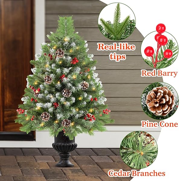 LAVEVE 34″ PRELIT SMALL CHRISTMAS TREE WITH LIGHTS, BATTERY OPERATED XMAS TREE WITH PINE CEDAR CONES & BERRIES, FROSTED URN FILLER, 50 LED WARM LIGHTS WITH TIMER, OUTDOOR FOR PORCH AND PATHWAY, 2 PACK