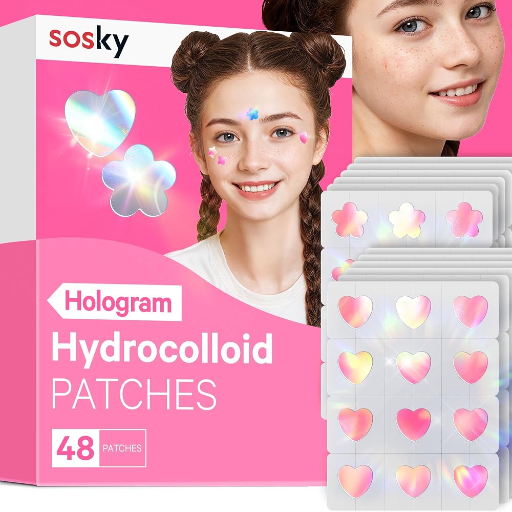 Sosky Hologram Pimple Patches for Face, Hydrocolloid Acne Patches with Salicylic Acid, Cute Star Zit Stickers,Colorful Blemis