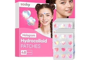 Sosky Hologram Pimple Patches for Face, Hydrocolloid Acne Patches with Salicylic Acid, Cute Star Zit Stickers,Colorful Blemish Covers,48 Count Pink Heart Flower