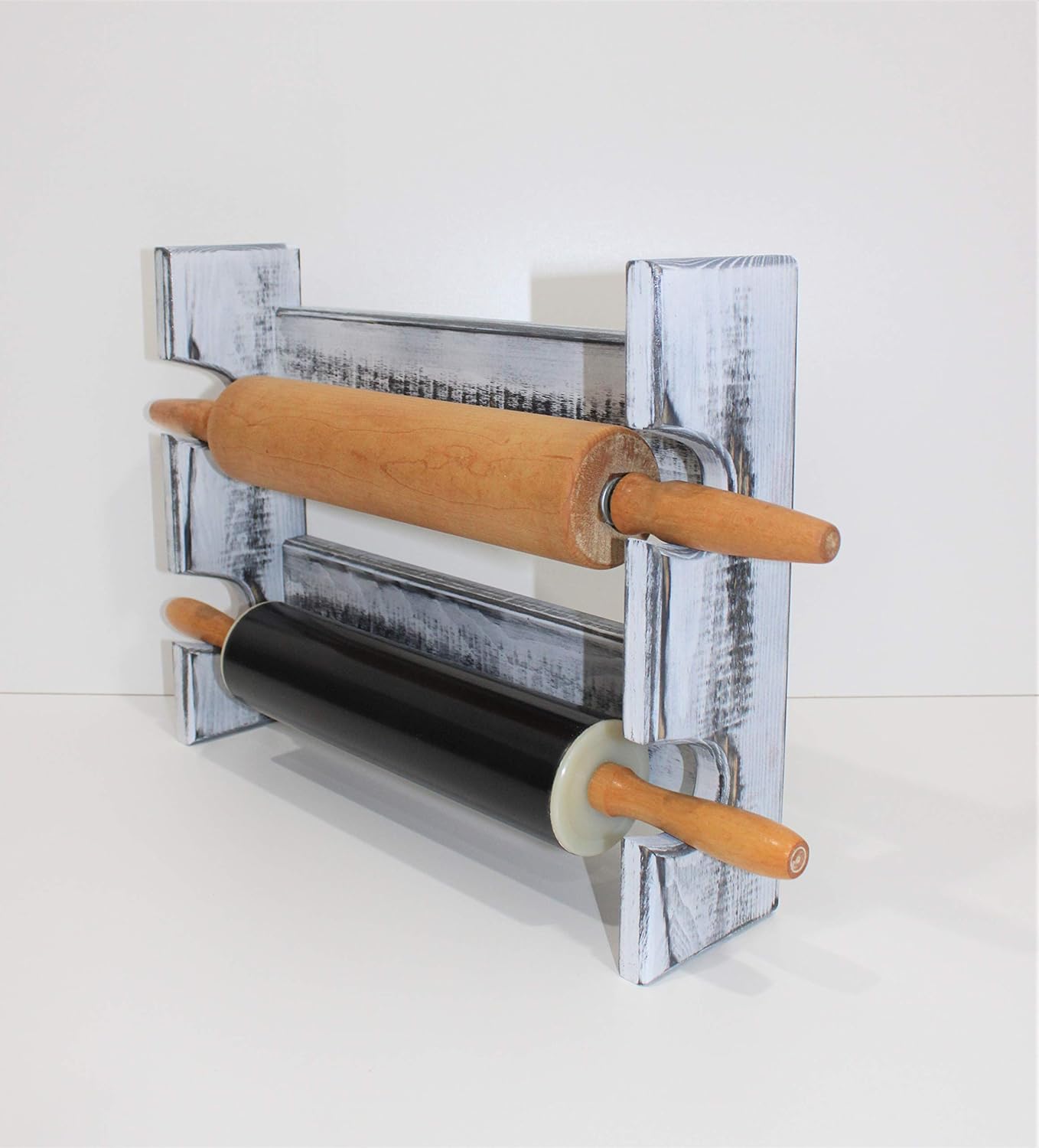 Antique White Rolling Pin Rack with Two Slots Distressed