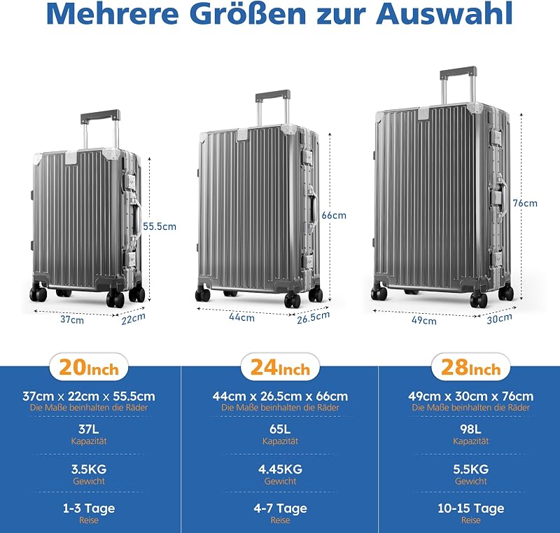 Valigia taglia M L XL XXL valigia da viaggio leggera rigida Luggage Suitcase con ruote TSA serratura e telaio in alluminio bagagli a mano argento grigio, grigio scuro, M-20 Zoll