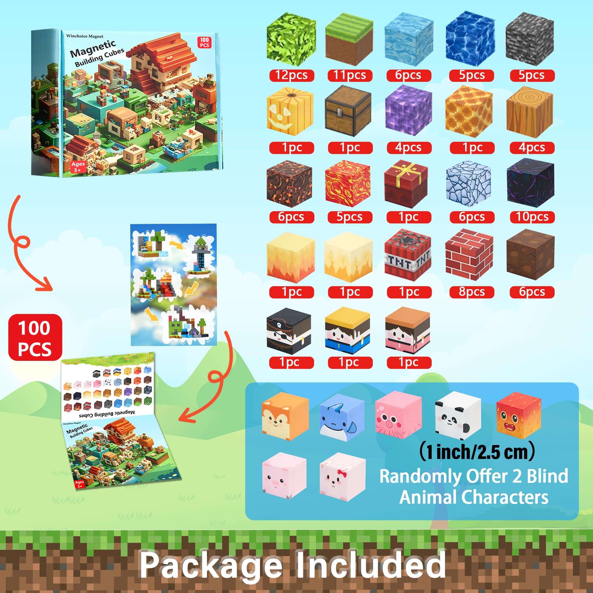 Winchoice 100PCS Magnetic Blocks Building Toys for Toddlers 3+, Magnetic Cubes Sensory Gifts for Kids, Stacking Magnet Blocks for Christmas Birthday, 1 Inch