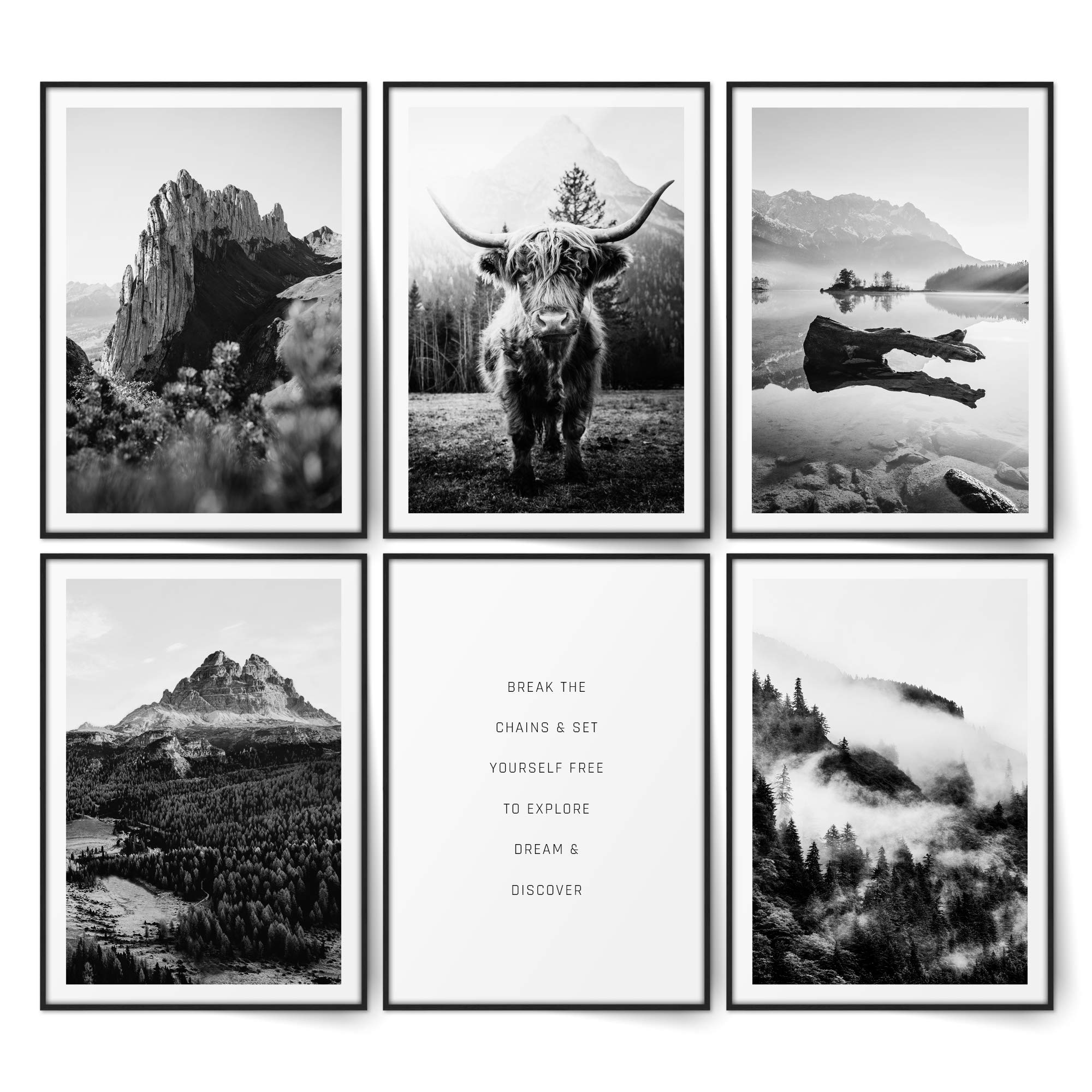BLCKART Infinity Highland Cow Picture Set, Stylish Double-Sided Nature Poster, Mountains Picture Wall, Scandinavian Decoration (M, 6 x A4, 21 x 29.7 cm, Without Frame, Highland Cow, Black and White)