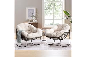 SLEERWAY Large Indoor Rocking Chair Set of 2, Oversized Rocking Papasan Chair with Thick Cushion and Frame, Comfy Corduroy Rocker Wicker Egg Chairs Lounge Reading Chair for Living Room, Bedroom, White