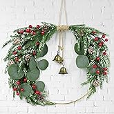 Christmas Wreath Decoration Norfolk Pine Wreath for Front Door 13.8" Artificial Pine Greenery Decor with Pinecones Red Berries Eucalyptus Leaves Bells for Xmas Winter Holiday Party Home Walls Decor