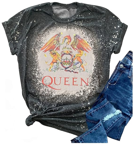 Buy Queen Bleached T Shirts for Women Vintage Retro Queen Band Rock Music Graphic Tees Shirt