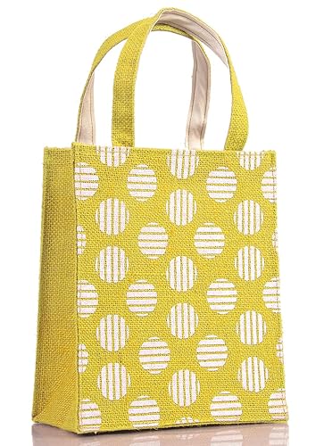 H&B Womens Handcrafted Polka Hand Printed Jute Bag (Yellow, 8.5x10x5 Inch)