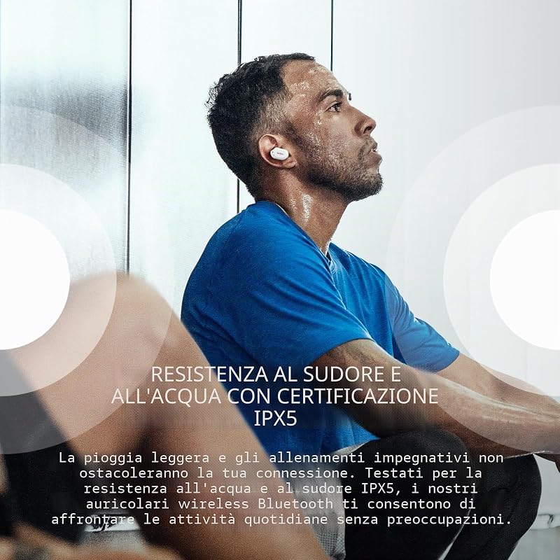 SOUNDFORM Play Auricolari wireless, Bluetooth 3 preselezioni dell’equalizzatore, Resistenti a sudore e schizzi IPX5, 38 ore riproduzione per iPhone, Galaxy, Pixel, Bianco,19-43",120°,AUC005btWH