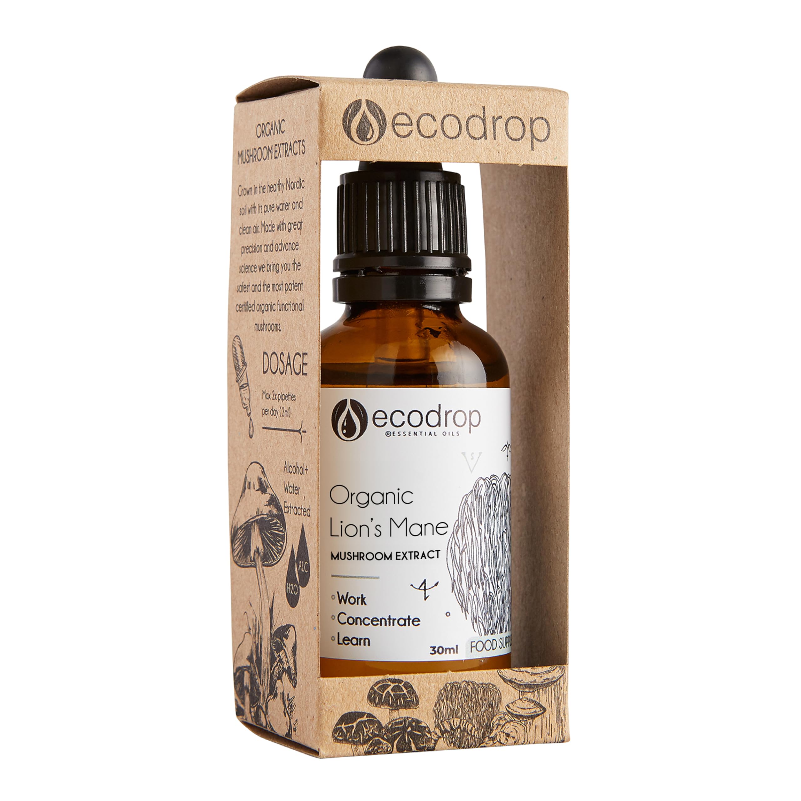Ecodrop Lions Mane Mushroom Extract Supplement - 50 ml | Organic Liquid Tincture from Fruiting Body | Vitality Boost for Cognitive Function, Memory & Focus | High-Strength Formula | Made in Finland