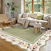 Lahome Floral Scalloped Rug 5x7, Green Rugs for Living Room Ultra-Thin, Vintage Boho Washable Area Rug 5x7 Soft Bedroom Rugs Non-Slip Throw Carpet for Farmhouse ‎Dining Room Playroom