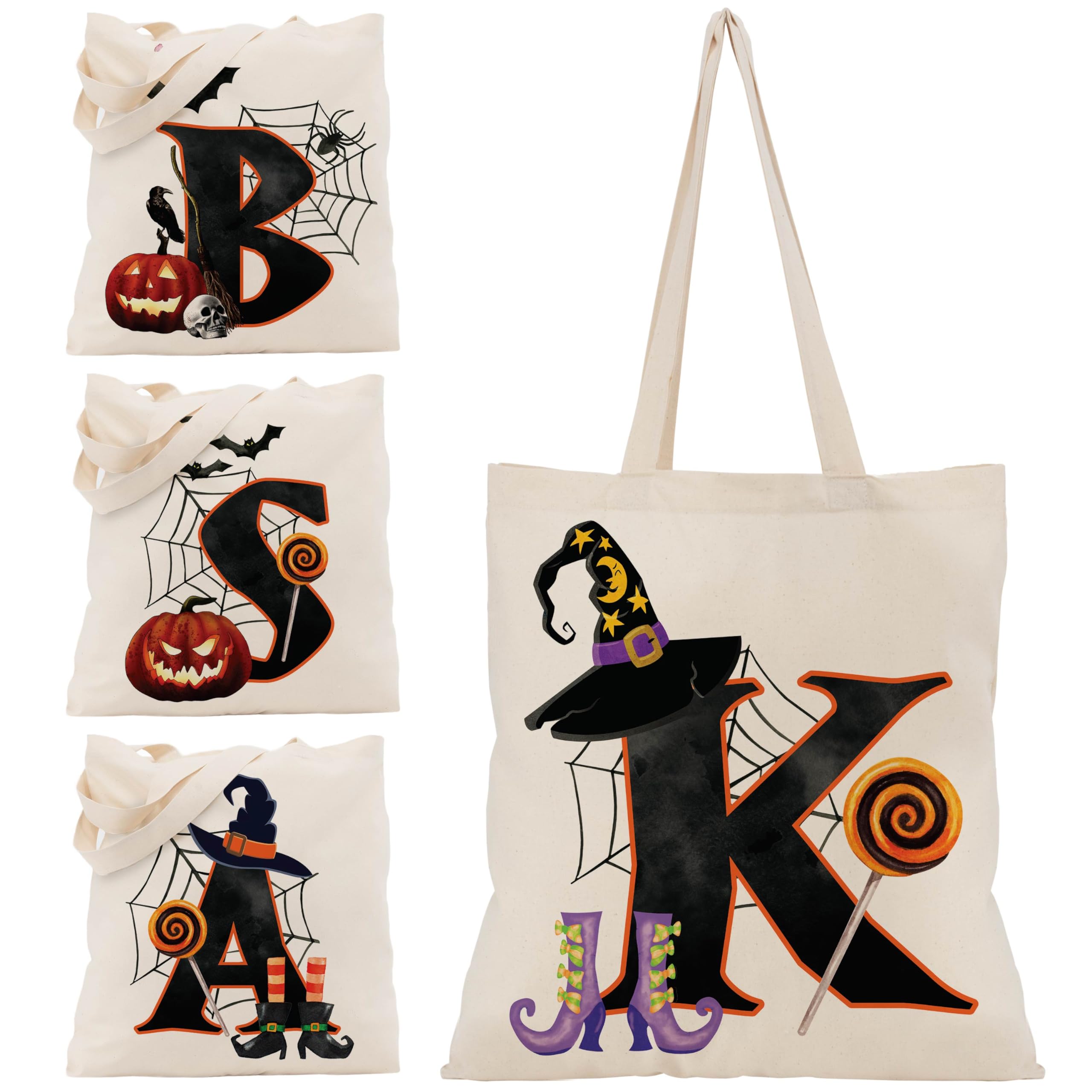 Halloween Initial Tote Bags Gifts for Girl Boy - 15"x16" Personalised Trick or Treat Bag Pumpkin Party Canvas Shoulder Bag C1 (Initial #K)