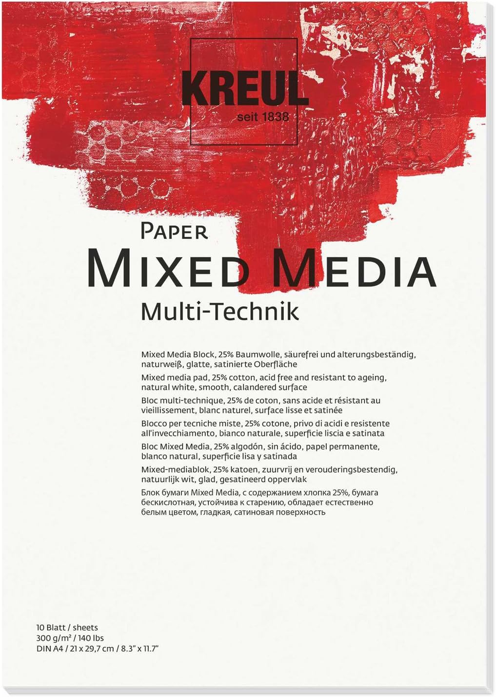 KREUL 69021 Paper Mixed Media, DIN A4, 200 g/m², 10 Sheets, Acid-Free and Age-Resistant, Natural White